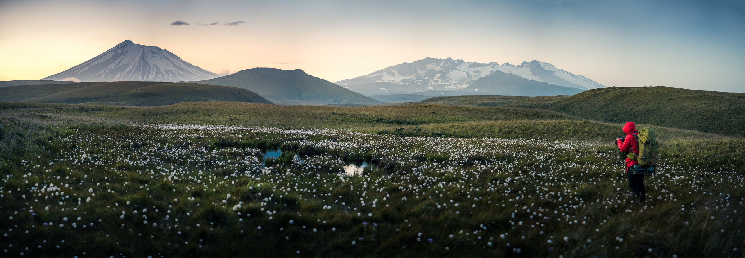 Panoramic view of Umnak Island's grassland landscape